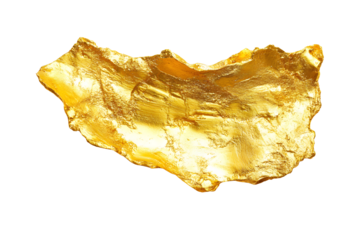 Gold nugget shiny isolated on cutout PNG or transparent background. Gold watercolor texture paint stain rough. Shining brush stroke for design project. Golden foil from paint against.
