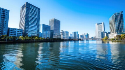 Cityscape, river reflection, modern buildings, clear sky, urban development, business
