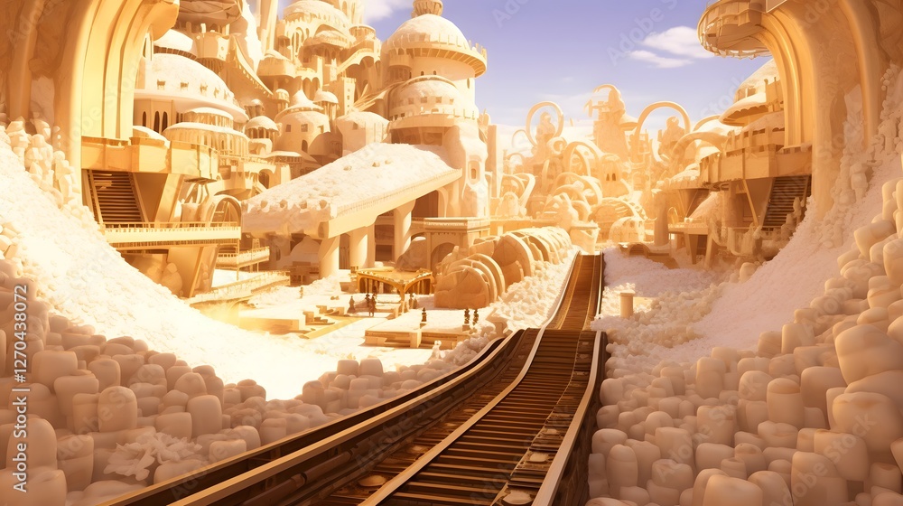 Poster colossal and sophisticated sugar refinery facility with intricate network of automated conveyor belt