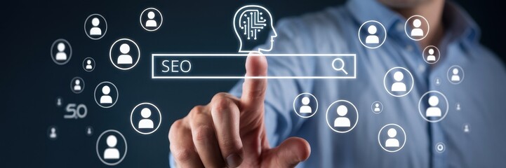 Finger touches seo search bar with ai head icon