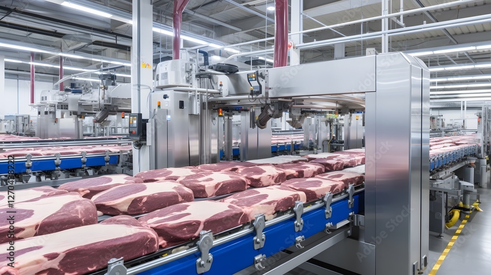 Poster interior view of a modern high tech meat processing facility featuring automated butchering and pack