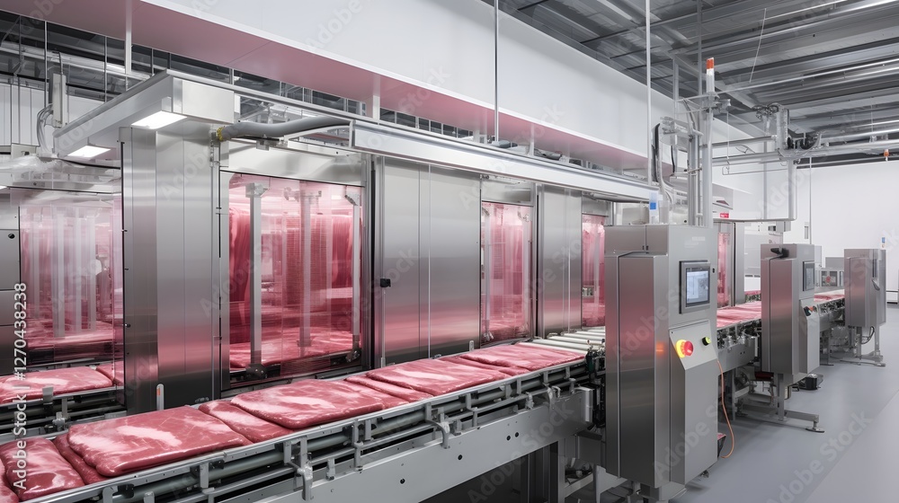Poster high tech meat processing facility with automated butchering and packaging lines showcasing innovati