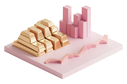 Stack of illustrations gold bars paired on pink platform with fluctuating stock market graph. Symbol volatility of gold prices presented isolated on cut out PNG or transparent background.