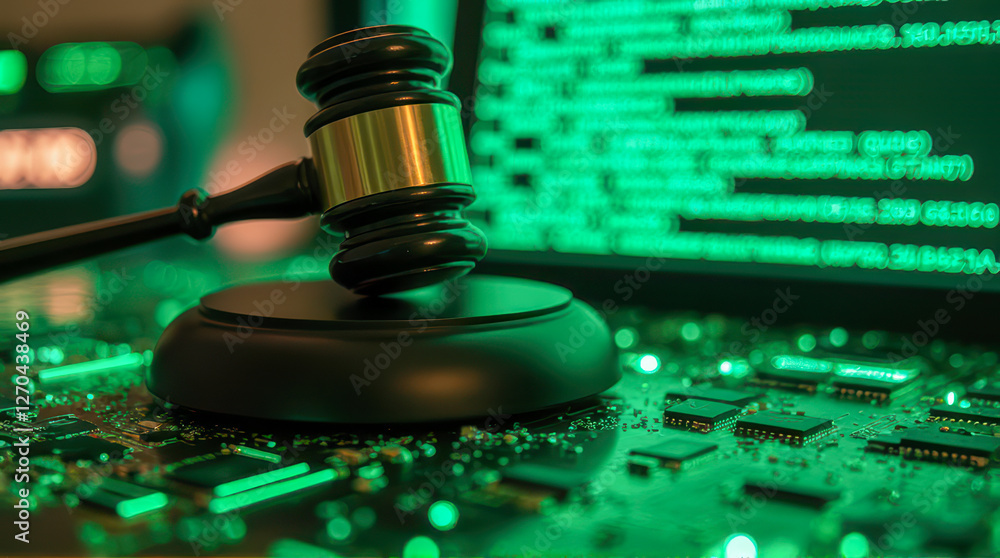Poster digital justice concept with gavel on circuit board and green code displaying legal and technologica