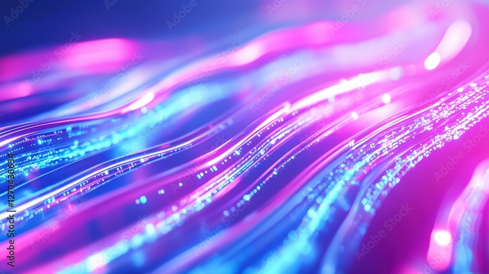 Poster a vibrant display of flowing blue and pink light waves, creating a mesmerizing abstract pattern that