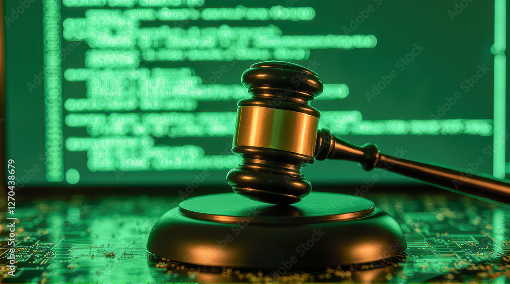 Poster gavel on a circuit board against a code-driven background representing law and technology integratio