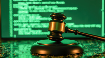 Gavel on a Circuit Board Against a Code-Driven Background Representing Law and Technology Integration in the Digital Age