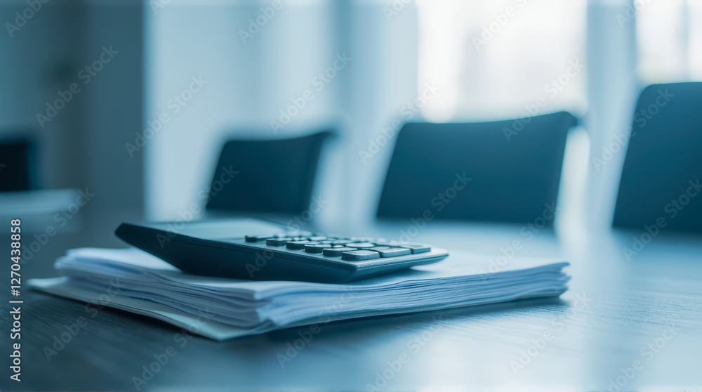 Aufkleber professional workspace featuring calculator on paperwork in a modern office setting with soft focus 