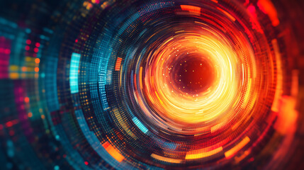Obraz premium A 3D abstract search engine is at the center of a swirling data vortex, symbolizing the epicenter of information retrieval. The dynamic motion represents the power of AI-driven search and data process