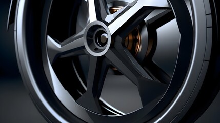 Obraz premium Closeup view of a deep section aero carbon wheel with a sleek matte finish showcasing the advanced design and technology used in high performance cycling equipment