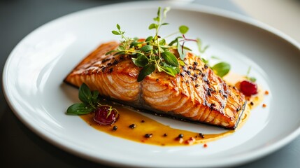 Salmon steak on white plate restaurant five star style, food photography.