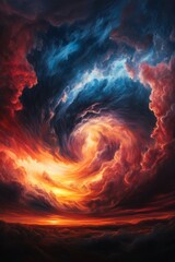 Dramatic Sky with Vivid Swirling Clouds in Fiery Reds, Oranges, and Deep Blues Showcasing a Stunning Natural Phenomenon