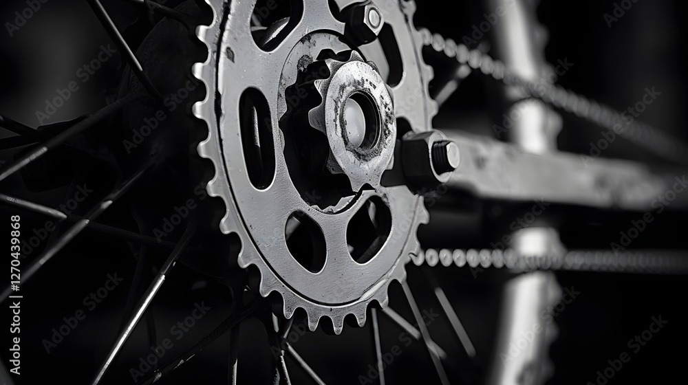 Poster and close up shot showcasing the intricate connection between the bicycle chainring and crank arm hi