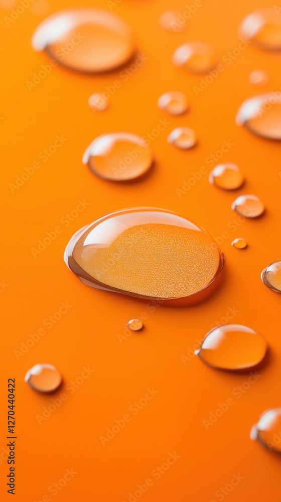 Poster close-up of water droplets on an orange surface, showcasing vibrant colors and reflections, creating