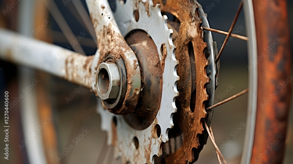 Poster macro close up view of a worn out and weathered bicycle cassette with visible rust grease and grime 