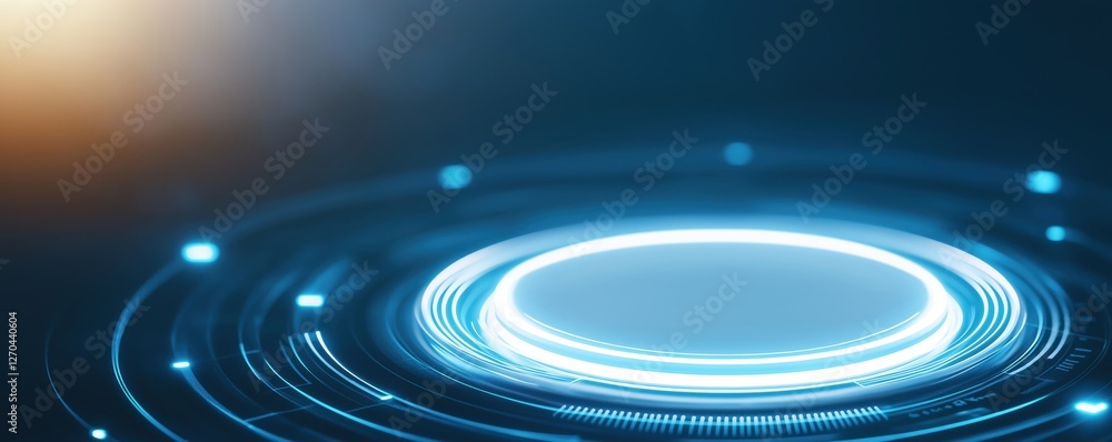 Poster a glowing circular pattern with concentric rings of light against a dark background, evoking a sense