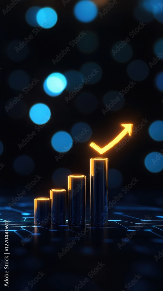 Poster a glowing bar chart with an upward arrow against a blurred blue background, symbolizing growth and p