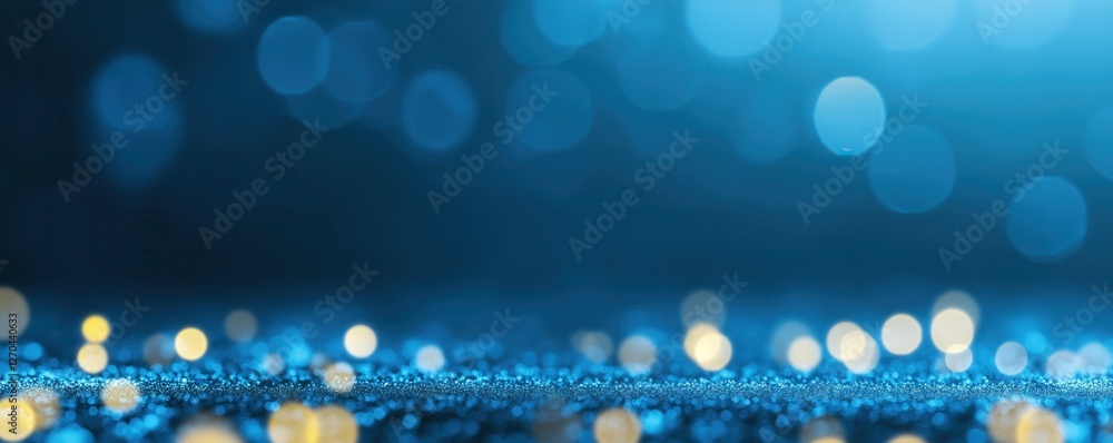 Poster a serene blue background with shimmering bokeh lights, creating a dreamy and tranquil atmosphere.