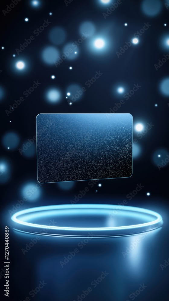Poster a sleek, floating rectangular object surrounded by glowing blue particles and a luminous circular ba