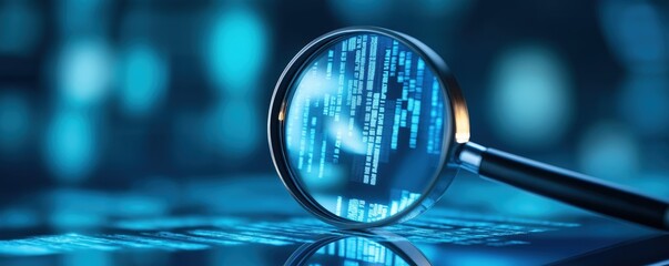 A magnifying glass over digital code, highlighting data analysis and technology themes in a blue-toned environment.