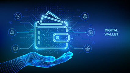 Digital wallet icon in wireframe hand. E-wallet. Online payment by digital wallet. Online banking service application. Mobile banking, money transaction, e-commerce. Vector illustration.