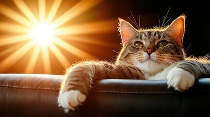 Relaxed tabby cat on couch, sunbeams shining through, home comfort
