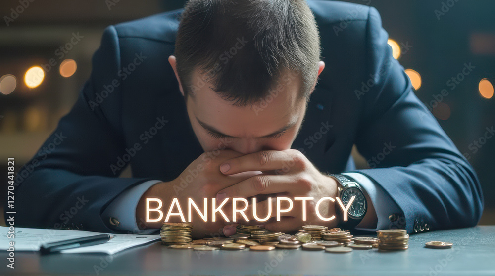 Poster man in formal attire sitting at a table with coins, head down in distress over financial issues and 