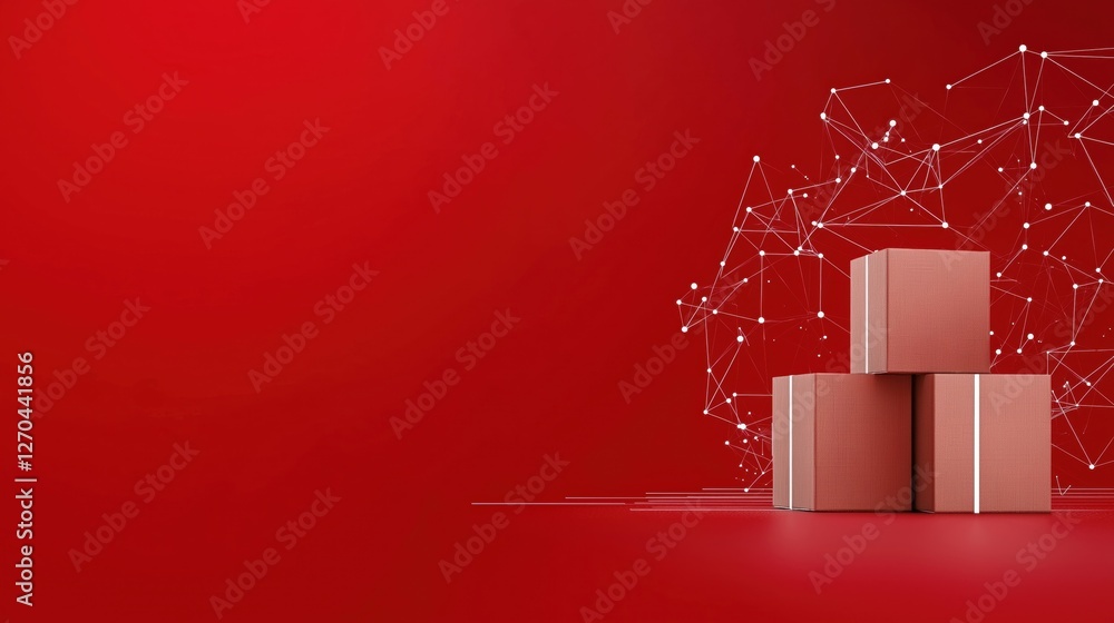 Poster a minimalist composition featuring stacked boxes on a vibrant red background, with a network of conn