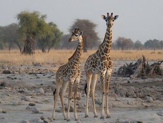 Obraz premium Giraffe calf stands beside adult in african savanna landscape during golden hour light