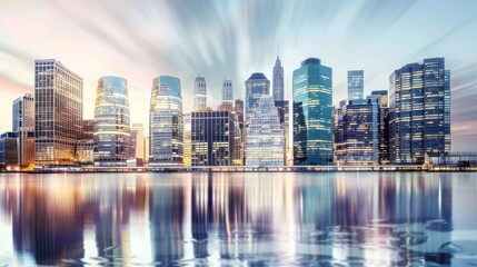 Obraz premium Cityscape sunrise waterfront reflection business