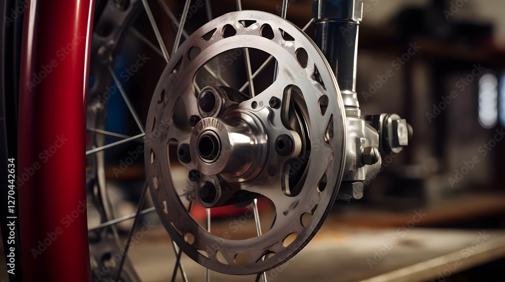 Poster depth of field shot showcasing a disc brake caliper tightly gripping and embracing a metallic rotor 