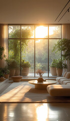 A luxury modern living room with floor-to-ceiling glass windows, sunlight streaming in, and lush green potted plants on the balcony. Minimalist furniture and a soft, warm morning glow.