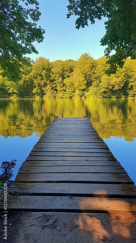 Sticker Serene wooden dock on a calm lake surrounded by lush green trees in bright daylight