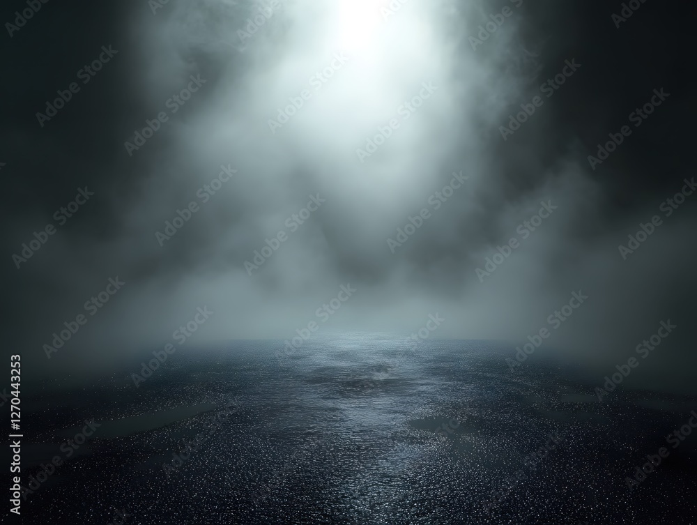 Poster eerie atmospheric scene with fog and light on wet surface creating a mysterious ambience