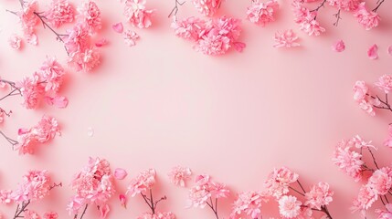 Pink cherry blossoms frame, pastel background, spring design, flatlay