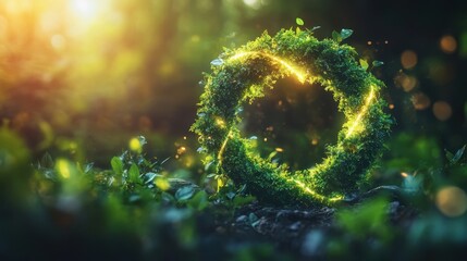 Fototapeta premium Sustainable Businesses A vibrant, circular economy icon, symbolizing eternity and infinite growth, against a backdrop of lush, sustainable nature. The concept highlights the balance between economic