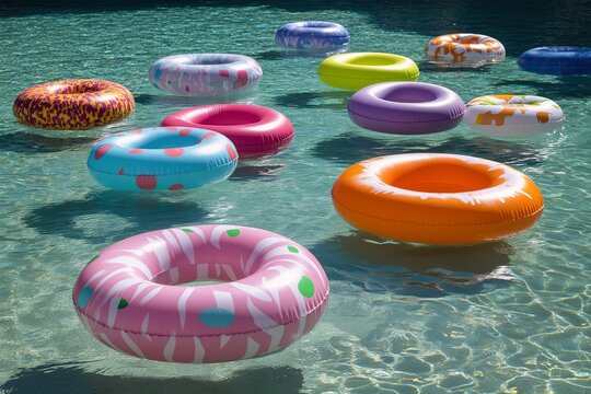 Colorful floaties create a vibrant atmosphere in a sunny swimming pool during summer
