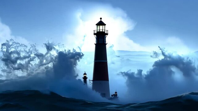 A lighthouse is lit up in the dark and the storm in the ocean. The light is the only source of illumination in the scene