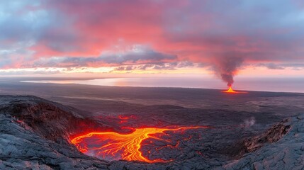 Fototapeta premium Volcanic landscapes idea. A breathtaking view of an erupting volcano with glowing lava and dramatic sky.