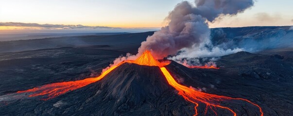 Volcanic landscapes idea. A stunning aerial view of an erupting volcano, showcasing flowing lava and smoke.