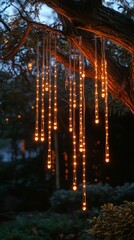 Bright hanging lights illuminate a tree in a garden during twilight
