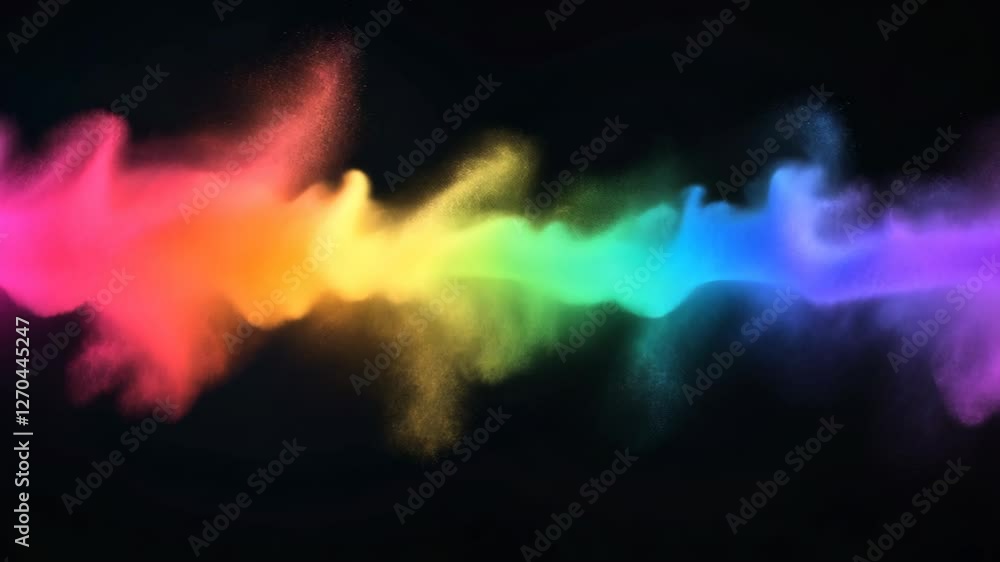 Poster vivid explosion of glitter particles in rainbow colors on black background for modern vibrant design