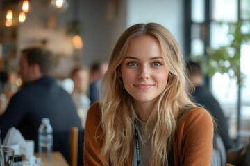 Obraz premium Young blonde businesswoman smiling in a restaurant during a business lunch