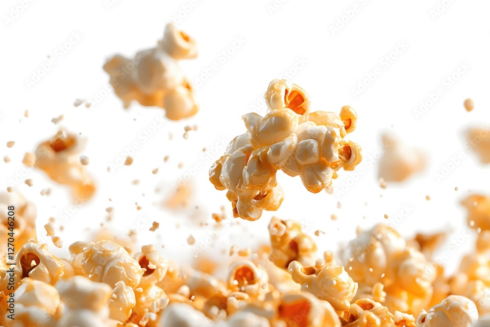 Poster delicious caramel popcorn floating against a clean white background in a dynamic composition