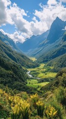 Obraz premium Breathtaking mountain valley with a winding river and lush greenery in bright daylight