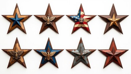 Obraz premium A set of rustic metal stars with a distressed finish, featuring vintage patriotic designs like faded stripes, nostalgic badges, and classic eagles.
