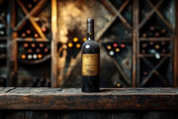 Dusty wine bottle standing on wooden shelf in cellar