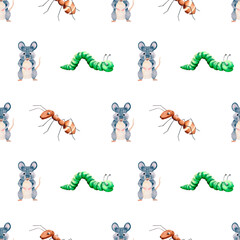 Seamless pattern of mouse, caterpillar and ant character. Hand drawn watercolor illustration of animals and insects for your design