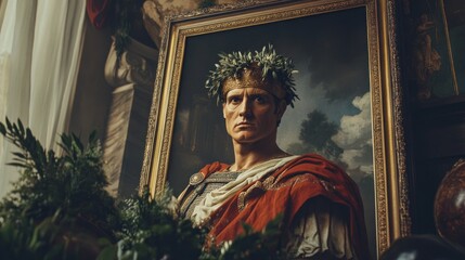 Naklejka premium Portrait of a roman emperor with laurel wreath in golden frame style
