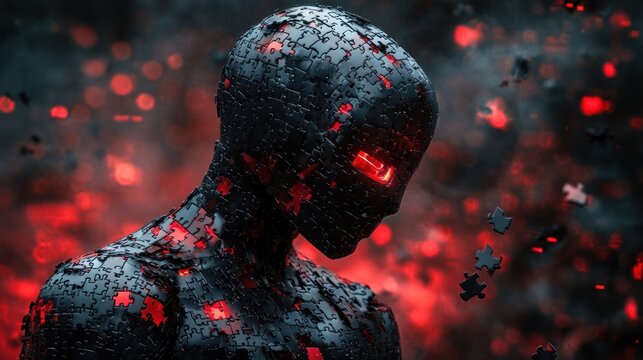 Puzzle-Robot, Disintegrating, Red Background, Sci-fi, Concept Art